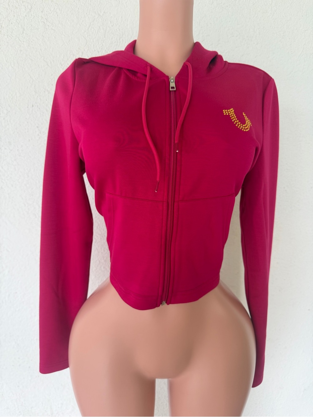 True Religion Magenta Zip-Up Hoodie with Gold Rhinestone Logo